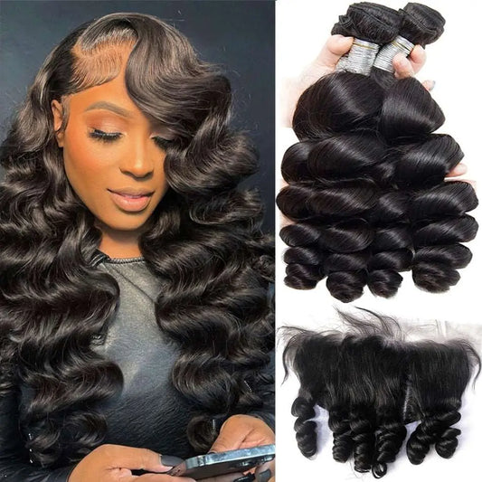 12A Loose Wave Bundles With Frontal - Peruvian Remy Human Hair - Premium Human Hair - Lace Front from Shello's House of Fashion and Beauty - Just £61.99! Shop now at Shello's House of Fashion and Beauty