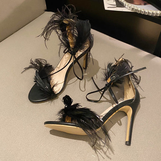 Women Feathered Lace-Up Ankle Sandals - Elevate Your Summer Style - Shello's House of Fashion and Beauty