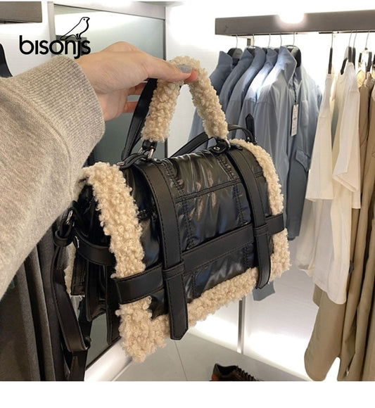 Jumbo Capacity Black PU Leather Totes Handbag with Sheep Fur Accent - Shello's House of Fashion and Beauty