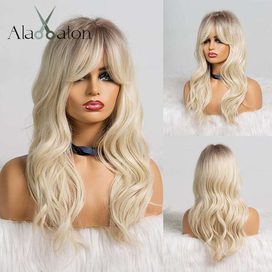 ALAN EATON Long Ombre Black Brown Blonde Wigs with Bangs - Heat Resistant Synthetic Wave Wigs - Premium Synthetic Hair from Shello's House of Fashion and Beauty - Just £38! Shop now at Shello's House of Fashion and Beauty