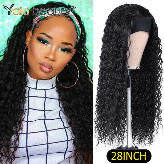 28-Inch Long Afro Kinky Curly Headband Wig - Synthetic Hair for Black Women