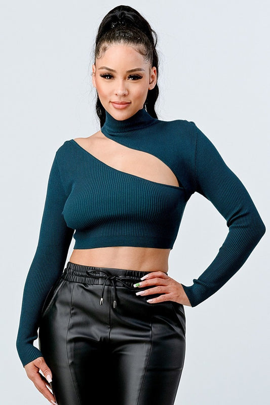 Lux Sweater Rib Cutout Mock Neck Crop Top - Premium Women Formal/Party Wear from Shello's House of Fashion and Beauty - Just £38! Shop now at Shello's House of Fashion and Beauty