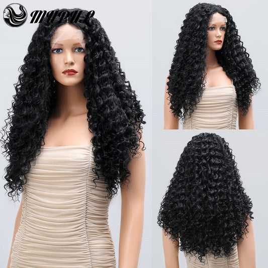 Ebony Elegance- Black Water Wave Long T Part Synthetic Lace Front Wig