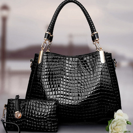 2Pcs Women's Soft Crocodile Pattern Leather Handbag Set - Zip Shoulder Bags for 2023