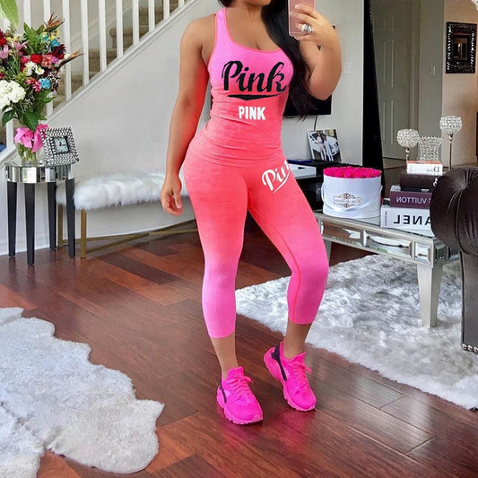 Pink Letter Print 2-Piece Women's Sporting Tracksuit - Comfortable Cotton Blend for Stylish Fitness