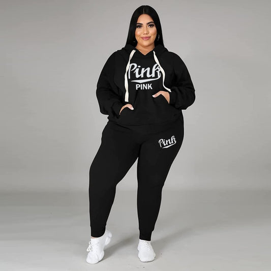 Plus Size Two Piece Long Sleeve Hoodie Pant Sport Suits.