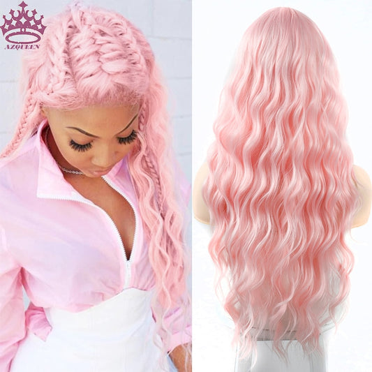 AZQUEEN Long Pink Water Wave Synthetic Wig for Women - Heat Resistant Cosplay Wig with Middle Part