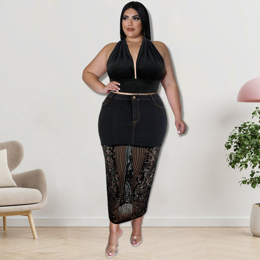 Sexy Plus Size Denim Sequin T-shirt Set with Half Waist Skirt - Premium Women Plus Size from Shello's House of Fashion and Beauty - Just £32.92! Shop now at Shello's House of Fashion and Beauty