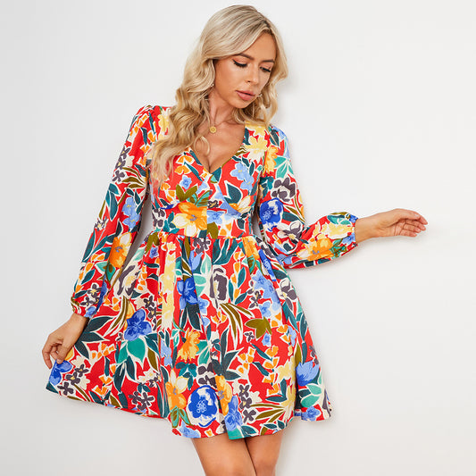Elegant and Eye-Catching Women's Abstract Printing Slim Fit V-Neck Long Sleeve Waist Dress - Premium Women Summer Dress from Shello's House of Fashion and Beauty - Just £35.28! Shop now at Shello's House of Fashion and Beauty