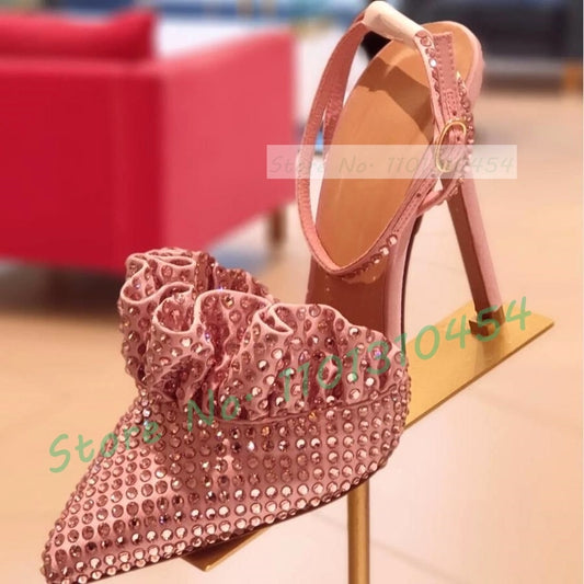 Crystal Ruffles Pointy Sandals For Women Sparkly Outfit High Heels