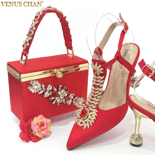 Sparkling Sophistication: Venus Chan 2023 Italian Design Girly Style Pointed Toe Wedding Shoes and Bag with Full Diamond Decoration
