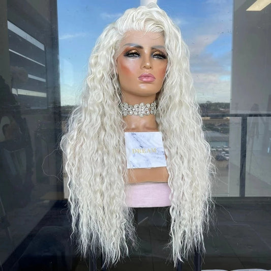 AIMEYA Synthetic Lace Front Wig - Black Platinum Blonde Deep Wave Lace Wig with Natural Hairline"