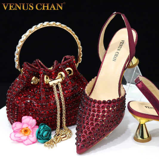 Venus Chan Elegant Party Wine Color Heels: Italian Shoes and Bags Matching Set