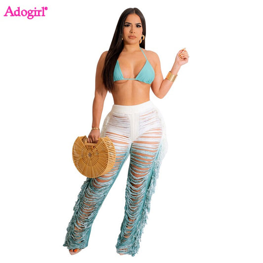 Sizzle in the Sun: Adogirl Beach 2 Piece Set - Sexy Lace-Up Bra Top with Tassel Knit Pants