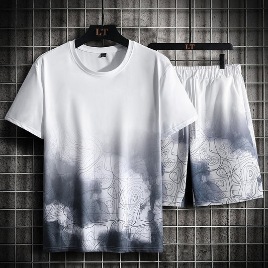 UrbanBlend" Big Plus Size S-7XL Ink Gradient Harajuku Sports Suit - Short Sleeve T-shirt and Shorts Set
