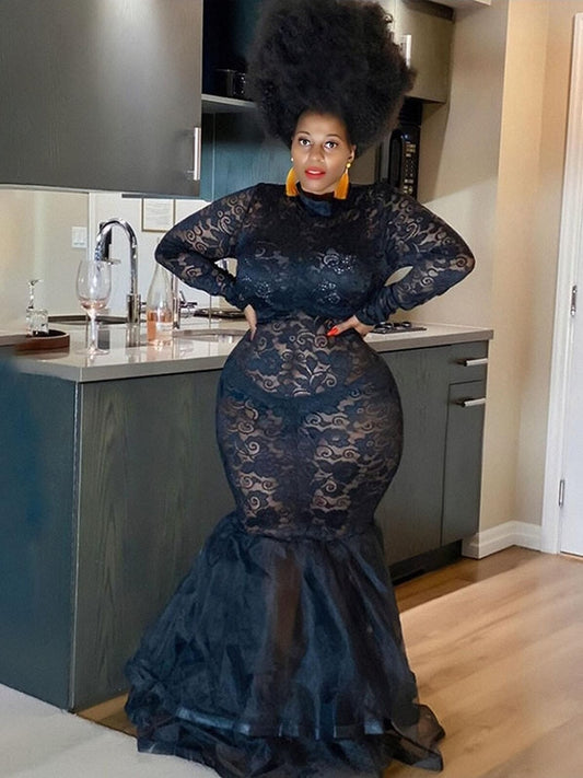 Black Transparent Mesh Dress: Elegant Plus Size Party Dress with Long Sleeves