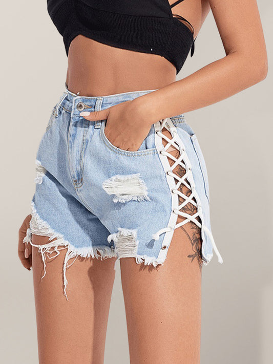 Edgy and Alluring Women's Ripped Side Lace-up Denim Shorts - Embrace a Sexy and Trendy Look